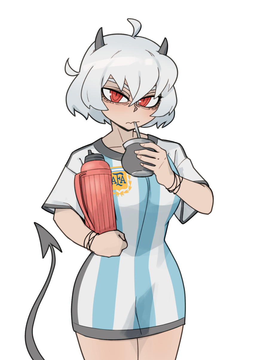 absurdres ahoge argentina asociacion_de_futbol_argentina bags_under_eyes blue_shirt bob_cut bracelet breasts closed_mouth collarbone commentary cup danaoharah demon_girl demon_horns demon_tail drink drinking drinking_straw english_commentary female grey_horns grey_tail hair_between_eyes helltaker highres holding holding_cup holding_drink holding_mate holding_thermos horns jersey jewelry large_breasts long_shirt looking_at_viewer malina_(helltaker) mate mixed-language_commentary no_pants red_eyes ringed_eyes shirt short_hair simple_background slit_pupils soccer_uniform solo spanish_commentary sportswear striped_clothes striped_shirt tail thermos thick_eyebrows vertical-striped_clothes vertical-striped_shirt wavy_mouth white_background white_hair white_shirt