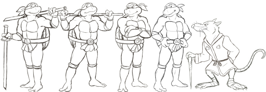 2_toes 3_fingers 4_toes adopted_(lore) adopted_son_(lore) adoptive_father_(lore) ana anthro barefoot black_and_white brother_(lore) brothers_(lore) cane clothing crossed_arms donatello_(tmnt) feet fingers group hi_res katana leonardo_(tmnt) male mammal master_splinter melee_weapon michelangelo_(tmnt) monochrome murid murine open_mouth raphael_(tmnt) rat reptile robe rodent scalie sibling_(lore) simple_background sword teenage_mutant_ninja_turtles teeth_showing thegreatmatsutzu toes turtle weapon white_background