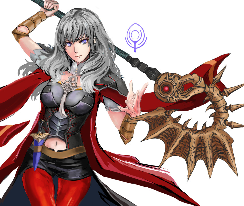 absurdres alternate_color armlet armor axe aymr_(fire_emblem) black_shorts bodice boots breasts brown_pantyhose bustier byleth_(female)_(fire_emblem) byleth_(fire_emblem) closed_mouth clothing_cutout commentary_request cosplay dagger edelgard_von_hresvelg edelgard_von_hresvelg_(cosplay) female fire_emblem fire_emblem:_three_houses hair_between_eyes highres holding holding_axe knife kyel_hyde midriff navel navel_cutout pantyhose pantyhose_under_shorts photoshop_(medium) purple_eyes red_pantyhose sheath sheathed shorts shoulder_armor simple_background solo super_smash_bros. tassel turtleneck vambraces weapon white_background white_hair