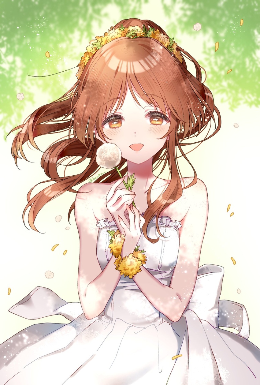 banirou bare_shoulders blush brown_eyes brown_hair collarbone commentary_request dress female flower hair_bun hair_flower hair_ornament highres holding holding_flower idolmaster idolmaster_cinderella_girls long_hair open_mouth outdoors petals ponytail single_hair_bun smile solo strapless strapless_dress takamori_aiko tree twitter_username upper_body white_dress