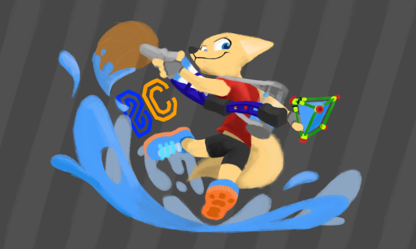 5:3 anthro biped blue_eyes bottomwear canid canine clothing cosplay crossover disney footwear fox fur grey_background gun hi_res inkbrush mammal nintendo ranged_weapon shirt shoes shorts simple_background skye_(zootopia) solo splat_bomb splatoon style_emulation t-shirt tan_body tan_fur theblueberrycarrots topwear weapon zootopia