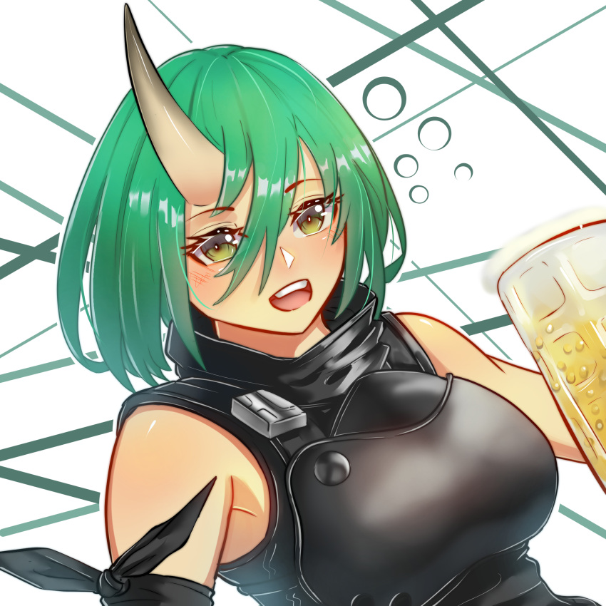 alcohol alternate_hair_length alternate_hairstyle arknights armor beer breastplate commentary cup drunk english_commentary eyelashes female glass green_eyes green_hair hair_between_eyes highres holding holding_cup horns hoshiguma_(arknights) looking_at_viewer mug najashi oni short_hair single_horn skin-covered_horns smile solo upper_body