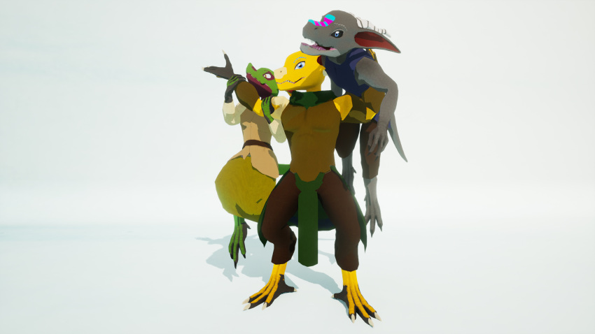 16:9 3d_(artwork) 4k absurd_res ambiguous_gender anthro baze carrying_another carrying_multiple_partners carrying_partner claws clothed clothing digital_media_(artwork) female group hi_res horn humanoid kobold kobold_dellarte kret low_poly open_mouth reptile scalie sek simple_background trio widescreen