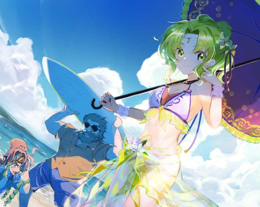 2boys alternate_costume beach_umbrella beard blue_sky breasts cleavage cloud dozla_(fire_emblem) facial_hair female fire_emblem fire_emblem:_the_sacred_stones fire_emblem_heroes flower green_eyes green_hair hair_flower hair_ornament holding holding_surfboard holding_umbrella kwz_ini l'arachel_(fire_emblem) l'arachel_(summer)_(fire_emblem) looking_at_viewer multiple_boys ocean octopus official_alternate_costume pointing pointing_at_self rennac_(fire_emblem) sarong seaweed shirt shorts sky smile sunglasses surfboard swimsuit umbrella