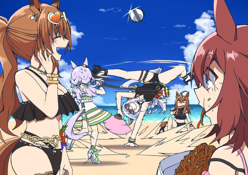 5girls =_= animal_ears beach bikini black_bikini black_one-piece_swimsuit blue_eyes breasts brown_hair carrying_over_shoulder casual_one-piece_swimsuit cleavage cloud day dress eyewear_on_head folding_fan food food_in_mouth food_on_face glint gold_ship_(run_revolt_launcher)_(umamusume) gold_ship_(umamusume) grin hachiman_(douno) hand_fan handstand high_heels highres holding holding_fan horizon horse_ears horse_girl horse_tail jewelry long_hair maruzensky_(blasting_off_summer_night)_(umamusume) maruzensky_(umamusume) medium_breasts mejiro_mcqueen_(ripple_fairlady)_(umamusume) mejiro_mcqueen_(umamusume) multiple_girls nakayama_festa_(entrust_myself_to_the_dice)_(umamusume) nakayama_festa_(umamusume) necklace ocean official_alternate_costume one-piece_swimsuit one_arm_handstand open_mouth outdoors ponytail purple_hair sakura_chiyono_o_(sakura_hearts_are_super_good_hearts)_(umamusume) sakura_chiyono_o_(umamusume) sand sitting smile speed_lines spinning sunglasses sweatdrop swimsuit tail teeth umamusume water white_dress yakisoba