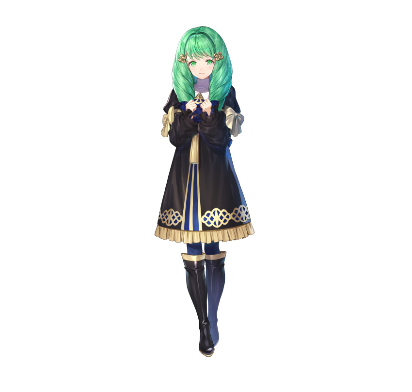 absurdres black_dress black_footwear boots bow clenched_hands closed_mouth commentary_request detached_sleeves dress female fire_emblem fire_emblem:_three_houses fire_emblem_heroes flayn_(fire_emblem) frills full_body gold_trim green_eyes green_hair hair_ornament hands_up highres knee_boots kousei_horiguchi long_hair long_sleeves looking_at_viewer official_art pantyhose school_uniform simple_background smile solo standing turtleneck white_background