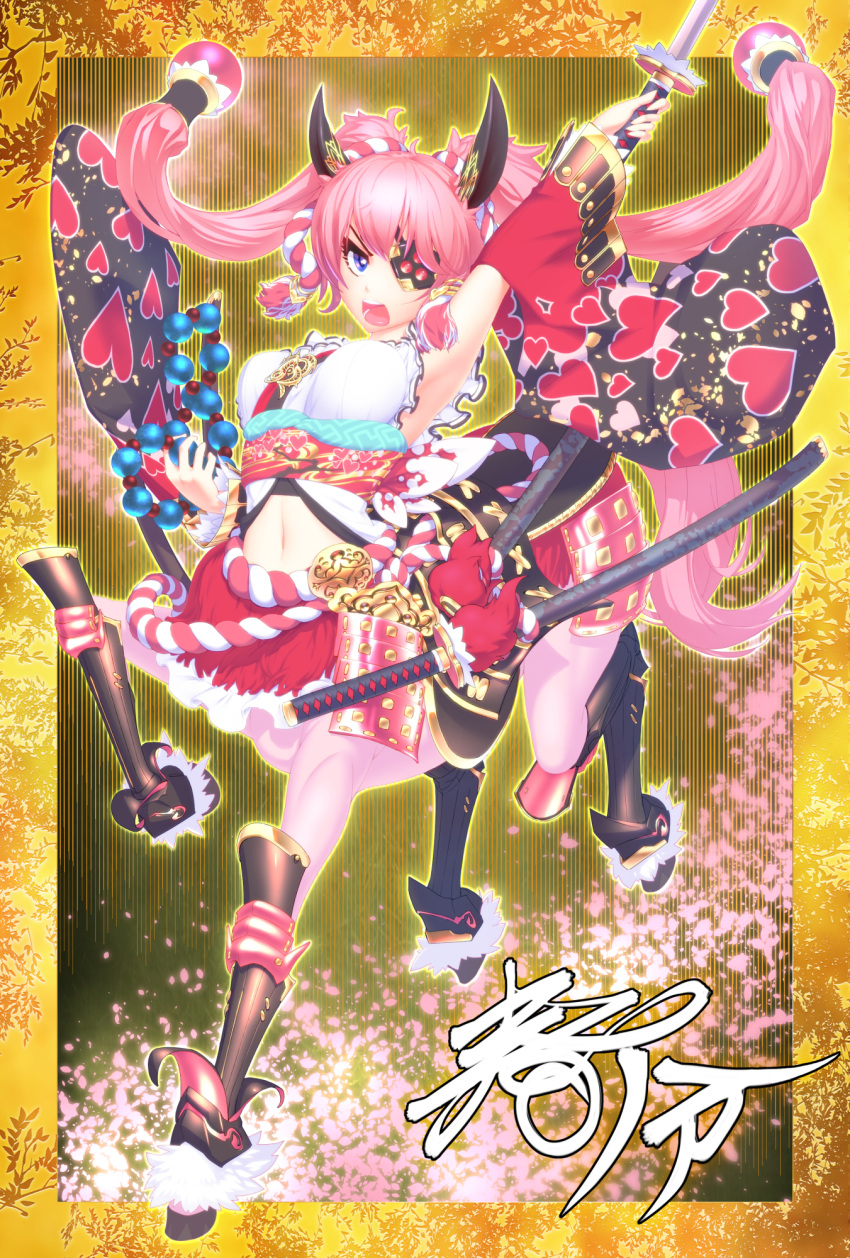 animal_ears arm_up armor armpits bare_shoulders beads black_sleeves blue_eyes breasts centaur chinese_zodiac commentary_request detached_sleeves eyepatch female full_body hair_between_eyes heart heart_print highres holding holding_sword holding_weapon horse_ears horse_tail japanese_armor katana kusazuri long_hair looking_at_viewer medium_breasts midriff monster_girl multiple_legs navel nengajou new_year noname_(metaldragonfly) obi open_mouth original pink_hair rope sash sheath sheathed shimenawa shirt sidelocks sleeveless sleeveless_shirt solo standing standing_on_one_leg suneate sword tail taur teeth translated twintails unsheathed upper_teeth_only weapon white_shirt wide_sleeves year_of_the_horse