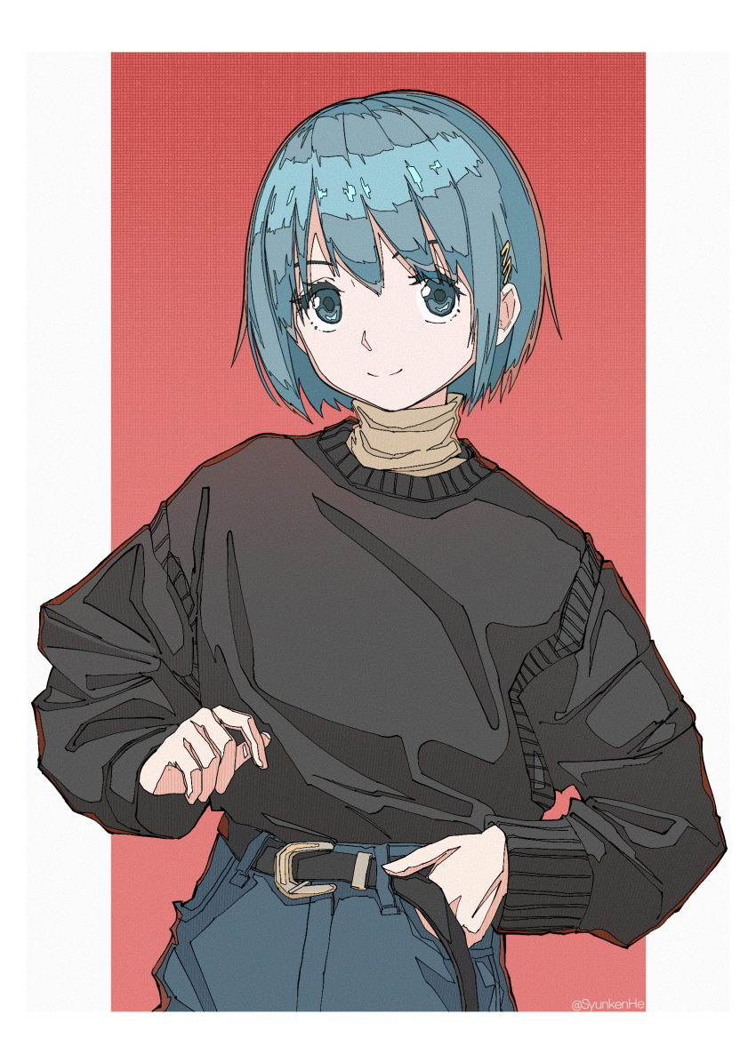 bad_id bad_pixiv_id belt_buckle black_sweater blue_eyes blue_hair border buckle closed_mouth commentary denim female hair_ornament hairclip highres jeans kenharu ligne_claire long_sleeves looking_at_viewer mahou_shoujo_madoka_magica mahou_shoujo_madoka_magica_(anime) miki_sayaka pants smile solo sweater turtleneck turtleneck_sweater upper_body white_border