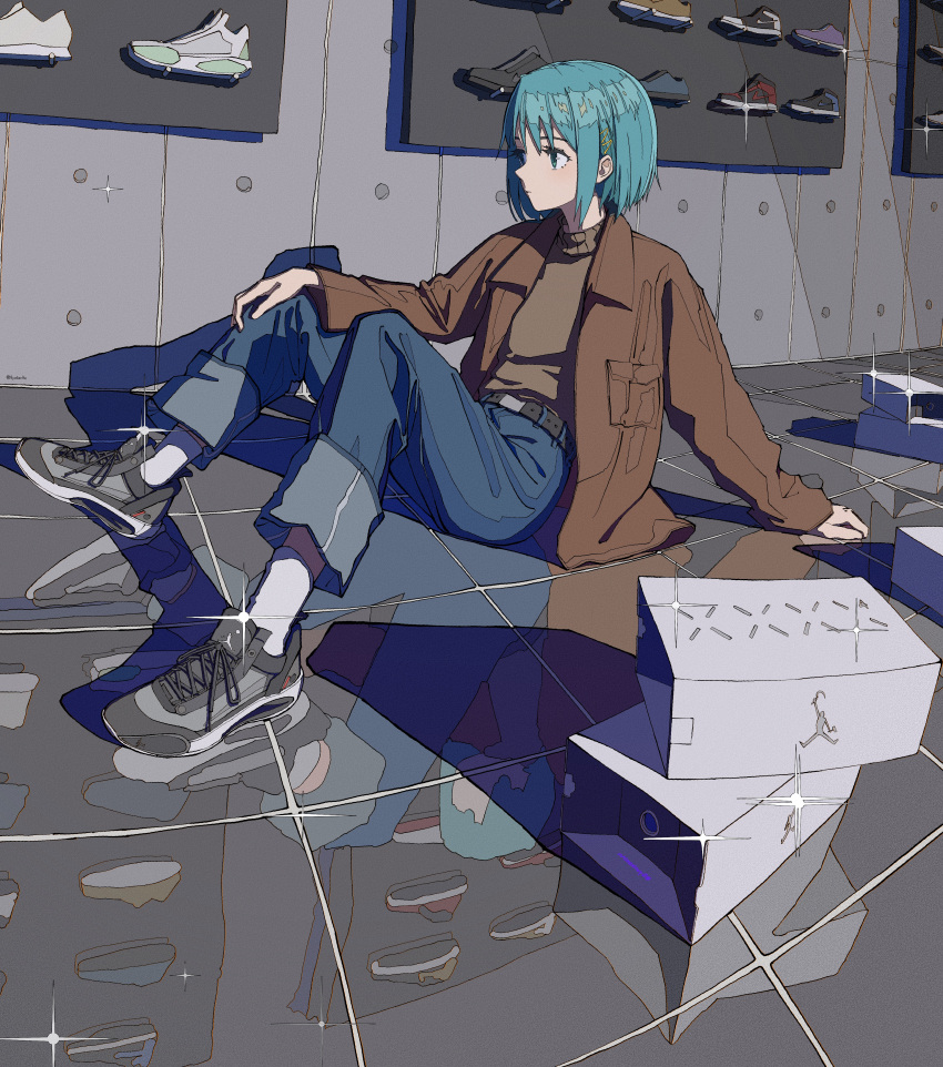 absurdres air_jordan air_jordan_1 ankle_socks bag beige_sweater belt_buckle blue_eyes blue_hair brown_jacket buckle casual denim female grey_footwear hair_ornament hairclip hand_on_own_knee highres jacket jeans kenharu ligne_claire long_sleeves looking_to_the_side mahou_shoujo_madoka_magica mahou_shoujo_madoka_magica_(anime) miki_sayaka open_clothes open_jacket pants shoes short_hair sitting sneakers socks solo sweater turtleneck turtleneck_sweater white_socks