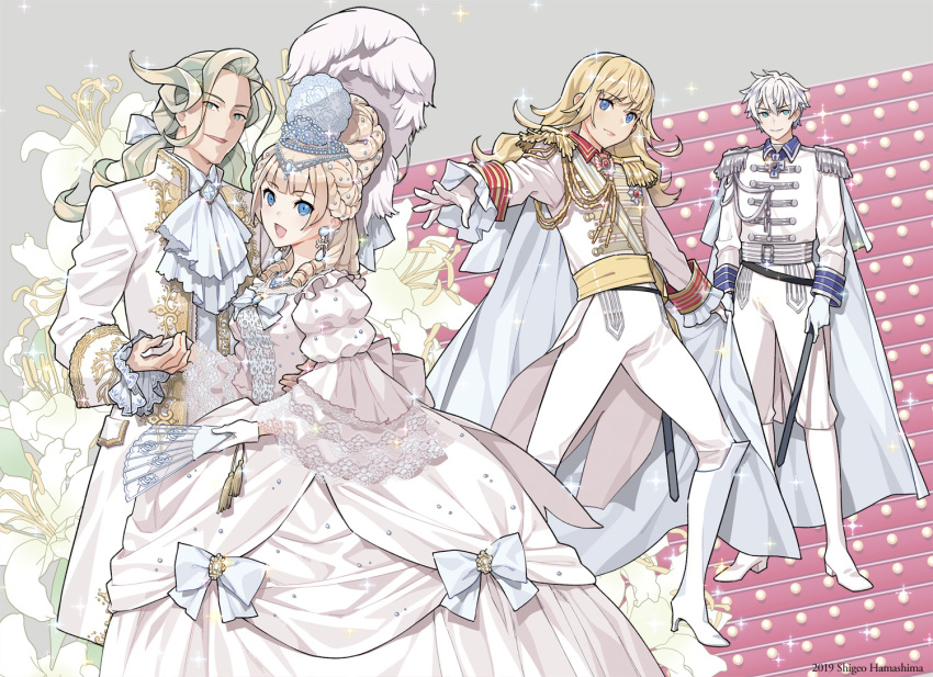 1other 2boys :d aiguillette alternate_costume alternate_hairstyle ascot back_bow blonde_hair blue_eyes boots bow braid brooch cape charles-henri_sanson_(fate) chevalier_d'eon_(fate) commentary_request crown cummerbund dress dress_bow drill_hair earrings epaulettes fate/grand_order fate_(series) feather_hair_ornament feathers female flower folding_fan gloves gown green_eyes hair_bun hair_ornament hamashima_shigeo hand_fan high_heel_boots high_heels holding holding_fan holding_hands jacket jewelry knee_boots lace lace-trimmed_sleeves lace_trim lily_(flower) long_hair looking_at_viewer low_ponytail marie_antoinette_(fate) messy_hair multiple_boys necklace outstretched_arm pants photoshop_(medium) puffy_sleeves rococo_movement sheath sheathed short_hair single_hair_bun smile standing white_bow white_cape white_dress white_footwear white_gloves white_hair white_jacket white_pants wolfgang_amadeus_mozart_(fate)