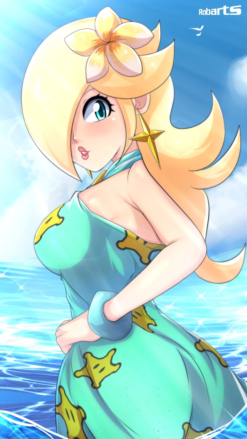 artist_name axasempai bare_arms bare_shoulders bead_anklet blonde_hair blue_eyes blue_sky breasts commentary dress_swimsuit earrings english_commentary female flower hair_flower hair_ornament hair_over_one_eye halterneck highres jewelry large_breasts long_hair looking_at_viewer mario_(series) mario_kart mario_kart_tour official_alternate_costume outdoors print_swimsuit rosalina rosalina_(swimwear) sky solo star_(symbol) star_earrings star_print swimsuit water white_flower