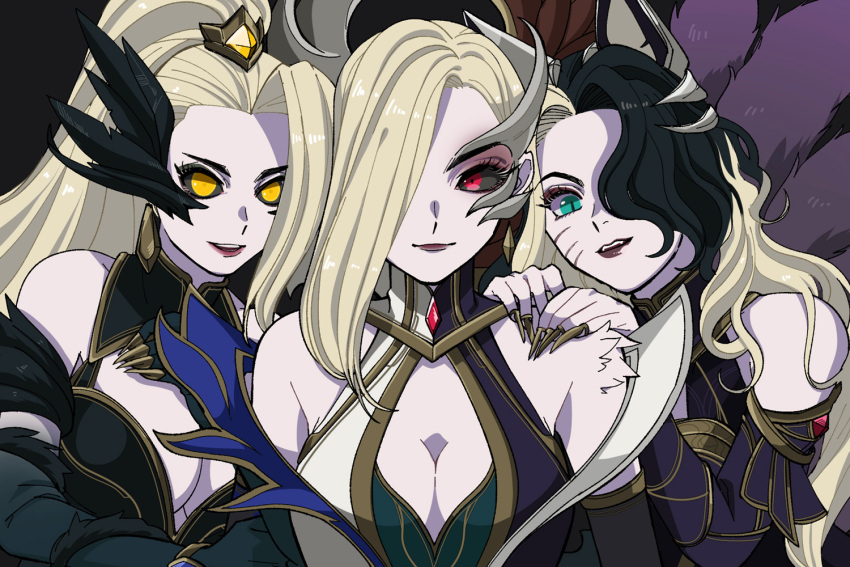 3girls :d ahri_(league_of_legends) animal_ears bare_shoulders black_background black_gloves black_hair black_sclera blonde_hair breasts cleavage colored_sclera coven_ahri coven_morgana coven_zyra detached_sleeves elbow_gloves facial_mark fangs feathers fox_ears fox_tail gloves green_eyes hair_over_one_eye hands_up hiyari_(hiyarilol) large_breasts league_of_legends long_hair long_sleeves morgana_(league_of_legends) multiple_girls open_mouth pale_skin ponytail red_eyes slit_pupils smile tail teeth upper_body upper_teeth_only whisker_markings yellow_eyes zyra