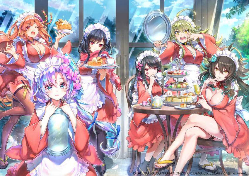 6+girls ahoge apron black_hair blonde_hair blue_eyes blue_hair choker closed_mouth crossed_legs cup detached_collar flower flustered food fukube glass_door hair_flaps hair_flower hair_ornament highres holding holding_cup holding_plate holding_tray kageuchi_nagasone_kotetsu_(tenka_hyakken) kageuchi_soboro_sukehiro_(tenka_hyakken) kageuchi_suishinshi_masahide_(tenka_hyakken) kousetsu_samonji_(tenka_hyakken) light_blue_hair magatama maid maid_apron maid_headdress multicolored_hair multiple_girls official_art open_mouth orange_eyes orange_hair parted_bangs pie pie_slice plate red_eyes sandals sandwich sayo_samonji_(tenka_hyakken) scarf sitting smile socks standing standing_on_one_leg sweets table teacup teapot tenka_hyakken thighhighs tray tree two-tone_hair wa_maid yellow_eyes yoshimoto_samonji zouri