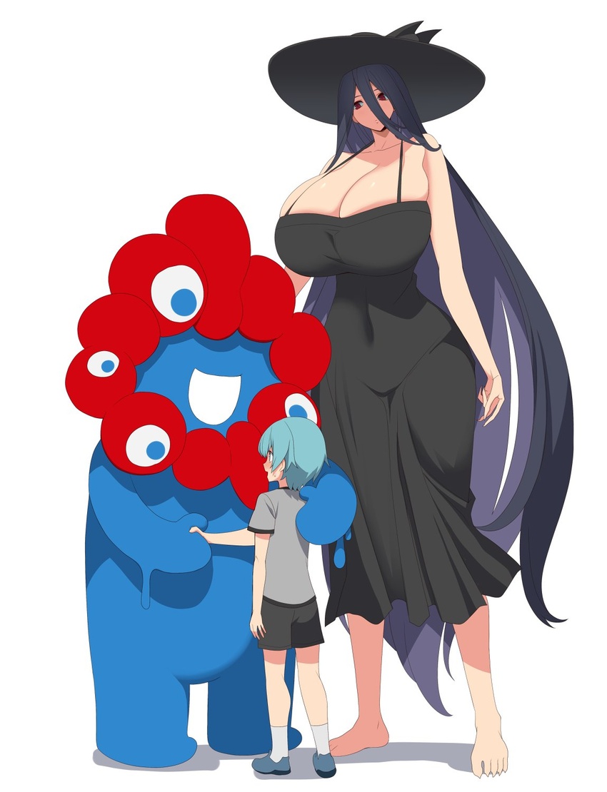 2boys 2channel age_difference aqua_hair bare_arms bare_shoulders barefoot black_dress black_hair black_headwear black_shorts breasts cleavage commentary_request covered_navel dress expo2025 extra_eyes female full_body gigantic_breasts grey_shirt hair_between_eyes handshake hasshaku-sama hat height_difference highres kloah lolicon long_hair long_hair_between_eyes multiple_boys myaku-myaku red_eyes shirt shorts size_difference standing sun_hat sundress tall_female very_long_hair