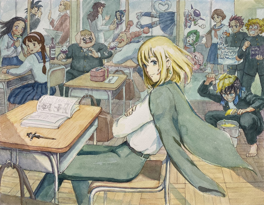 6+boys 6+girls agatsuma_zenitsu alcohol anger_vein animal_ears bag bamboo barefoot bit_gag black_hair blonde_hair blue_eyes blue_hair blush bottle braid brown_eyes brown_hair bucket chair circlet clenched_teeth commentary_request crossed_arms crossover cup death_note death_note_(object) desk dodoria dola_(laputa) dragon_ball dragon_ball_z drinking_glass earrings facial_hair fish fish_tank frieza gag gag_around_neck gakuran genderswap_(mtf) goldfish green_hair grin hairband hammar_dobucof hashibira_inosuke heart heart_tail high-waist_pants highres horns howl_(howl_no_ugoku_shiro) howl_no_ugoku_shiro jacket jacket_on_shoulders jealous jewelry kakashi_no_kabu kamado_nezuko kamado_tanjirou kimetsu_no_yaiba kochou_shinobu kurenai_no_buta medium_hair mononoke_hime moustache multicolored_hair multiple_boys multiple_crossover multiple_girls muska notebook old old_woman paint paintbrush painting_(medium) pants pencil pig_boy pig_ears pig_snout pink_eyes pink_hair porco_rosso_(character) red_hair rule_63 san_(mononoke_hime) scar scar_on_face scar_on_forehead school_bag school_chair school_desk school_uniform serafuku sheeta single_braid smile son_goku studio_ghibli sunglasses tail teeth tenkuu_no_shiro_laputa traditional_media twin_braids two-tone_hair unworn_gag watercolor_(medium) window wine wine_bottle wine_glass yamcha zarbon