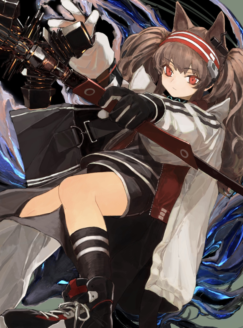 angelina_(arknights) animal_ears arknights bad_id bad_pixiv_id black_gloves black_socks brown_hair dutch_angle female gloves grey_jacket hairband highres holding jacket long_hair long_sleeves orrdriver red_eyes red_hairband shoes sneakers socks solo twintails