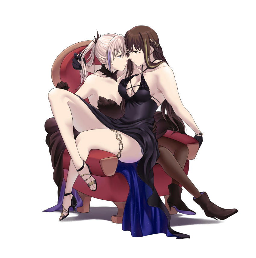 2girls absurdres anniversary armchair bare_shoulders black_dress black_footwear black_gloves blue_eyes boots breasts brown_dress brown_eyes brown_gloves brown_hair brown_pantyhose chair cleavage closed_mouth collarbone dress full_body girls'_frontline gloves hair_ornament hairclip hand_in_another's_hair hand_on_another's_ass high_heel_boots high_heels highres legs long_hair looking_at_another m4a1_(girls'_frontline) m4a1_(suspender_of_time)_(girls'_frontline) medium_breasts multicolored_hair multiple_girls official_alternate_costume pantyhose pink_hair redaiba sitting sitting_on_person small_breasts st_ar-15_(girls'_frontline) st_ar-15_(prisoner_of_the_dream)_(girls'_frontline) streaked_hair thighs white_background yuri