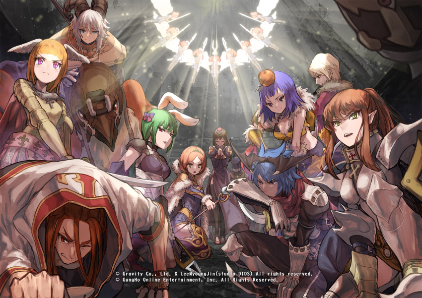 3boys 6+girls angel animal_ears apple_on_head armor armored_boots arrow_through_apple assassin_(ragnarok_online) assassin_cross_(ragnarok_online) bandages belt bergamot_honda bird biretta black_pants black_shirt black_thighhighs black_wings blonde_hair blue_dress blue_eyes blue_hair bob_cut boobplate boots bow breastplate breasts brown_belt brown_cape brown_eyes brown_hair brown_shirt brown_skirt cape chainmail cleavage coat commentary_request crop_top cross crusader_(ragnarok_online) dagger demon_wings dress feet_out_of_frame frown full_body fur-trimmed_cape fur-trimmed_gloves fur-trimmed_jacket fur_trim gauntlets gloves green_eyes green_hair habit hairbow head_wings high_ponytail highres holding holding_dagger holding_knife holding_staff holding_weapon jacket juliet_sleeves kiseru knife knight_(ragnarok_online) long_hair long_sleeves looking_at_viewer medium_breasts medium_hair midriff monk_(ragnarok_online) multiple_boys multiple_girls nun on_one_knee open_mouth owl_baron paladin_(ragnarok_online) pants pauldrons peco_peco pink_eyes pointy_ears praying priest_(ragnarok_online) puffy_sleeves purple_bow purple_dress purple_hair purple_shirt rabbit_ears ragnarok_online red_eyes red_jacket red_scarf reverse_grip rogue_(ragnarok_online) scarf shirt short_hair shoulder_armor skirt skull sleeveless sleeveless_shirt small_breasts smile smoking_pipe sniper_(ragnarok_online) staff thighhighs two-tone_shirt v-shaped_eyebrows vambraces weapon white_coat white_hair white_wings wings wizard_(ragnarok_online) yellow_gloves yellow_shirt