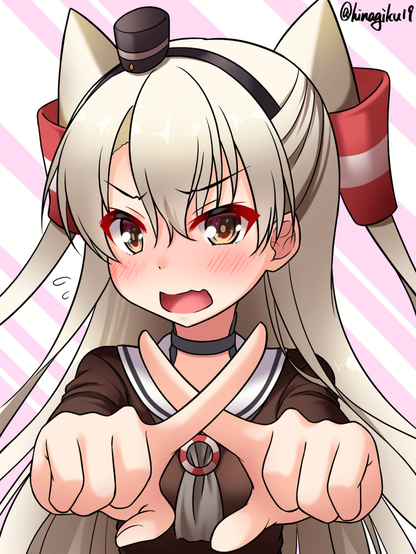 amatsukaze_(kancolle) brown_dress choker commentary_request dress female gloves grey_hair grey_neckerchief hair_tubes hat highres kantai_collection kazami_ren_(fuushagoya) long_hair looking_at_viewer mini_hat neckerchief one-hour_drawing_challenge open_mouth sailor_dress school_uniform single_glove smokestack_hair_ornament solo striped striped_background twitter_username two_side_up x_fingers