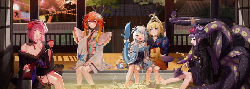 5girls :d absurdres aerial_fireworks ahoge animal_on_head animal_print bag bagged_fish bare_shoulders barefoot black_hairband black_kimono black_scarf blonde_hair bloop_(gawr_gura) blue_eyes blue_hair blue_kimono blue_nails blunt_bangs blush bottle breasts cleavage closed_eyes closed_mouth commentary cup detached_collar double_bun earrings facing_viewer feet feet_out_of_frame fins fireworks fish fish_print fish_tail floral_print flower folded_fan folding_fan fox_mask from_side gawr_gura gawr_gura_(new_year) gradient_hair grey_hair grin hair_between_eyes hair_bun hair_flower hair_ornament hair_ribbon hairband hakama hakama_skirt halo hand_fan hand_up haori head_tilt highres holding holding_bottle holding_cup holding_fan hololive hololive_english holomyth horns indoors japanese_clothes jewelry jiki_(gkdlfnzo1245) kimono long_hair long_sleeves looking_at_animal looking_at_viewer looking_away looking_up mask mask_on_head mori_calliope mori_calliope_(new_year) multicolored_hair multiple_girls nail_polish ninomae_ina'nis ninomae_ina'nis_(new_year) obi off_shoulder on_head orange_hair outdoors pink_hair pointy_ears poolside print_kimono profile purple_eyes purple_hair purple_nails red_eyes red_nails red_ribbon ribbon sakazuki sash scarf shark_tail sharp_teeth short_hair shrimp sitting skirt smile soaking_feet streaked_hair symbol-only_commentary tail takanashi_kiara takanashi_kiara_(new_year) takodachi_(ninomae_ina'nis) teeth tentacle two_side_up unmoving_pattern upper_teeth_only virtual_youtuber water watson_amelia watson_amelia_(new_year) white_flower white_kimono wrist_cuffs yellow_hakama