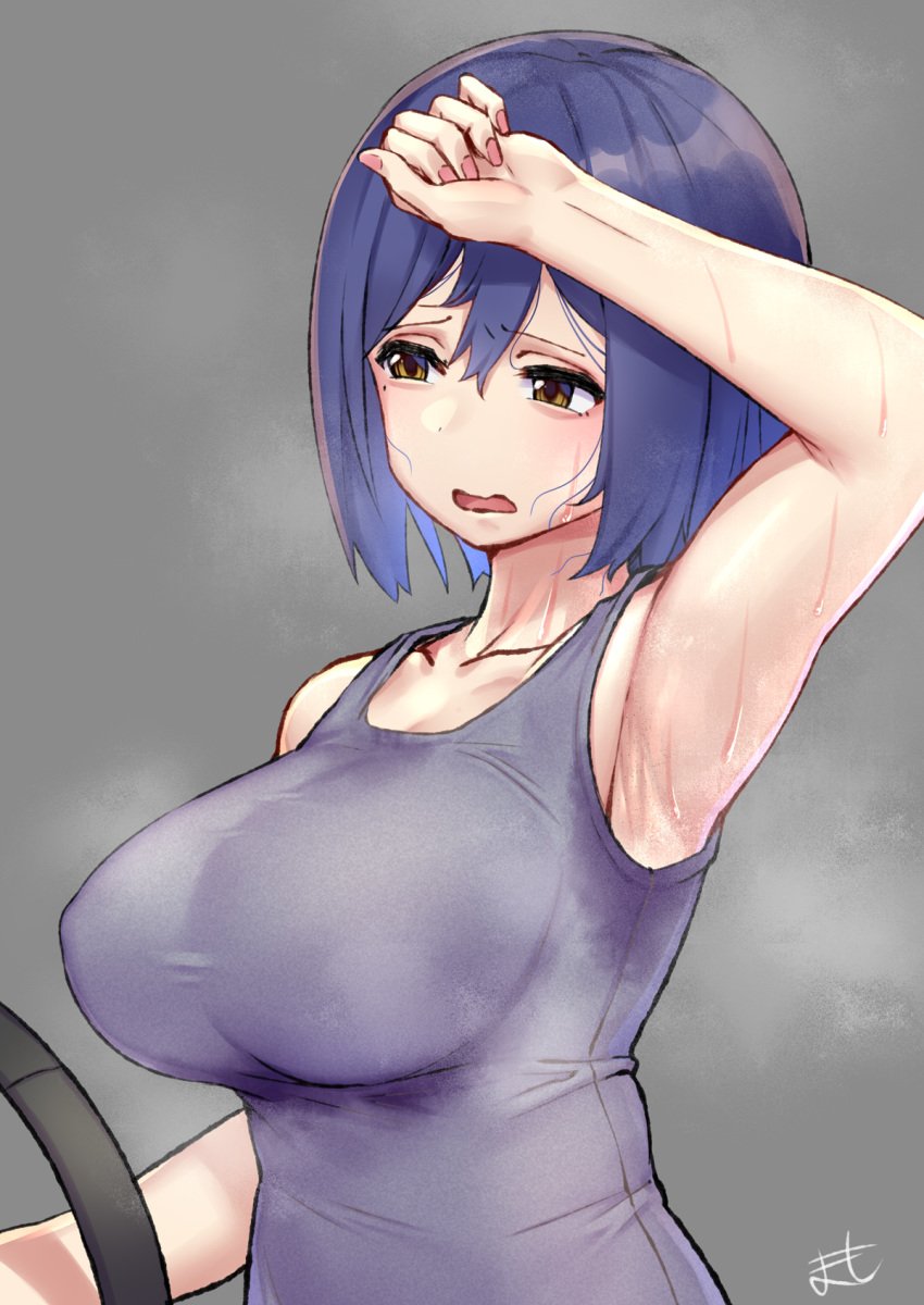 arm_up armpits bad_id bad_pixiv_id bare_arms bare_shoulders blue_hair breasts brown_eyes commentary_request female grey_background hand_on_own_head highres holding large_breasts nail_polish nijisanji open_mouth pink_nails ring-con ring_fit_adventure shizuka_rin short_hair signature simple_background sleeveless solo stain stained_clothes steaming_body sweat sweaty_armpits sweaty_clothes tank_top upper_body virtual_youtuber wet wet_clothes yoshiwa_tomo