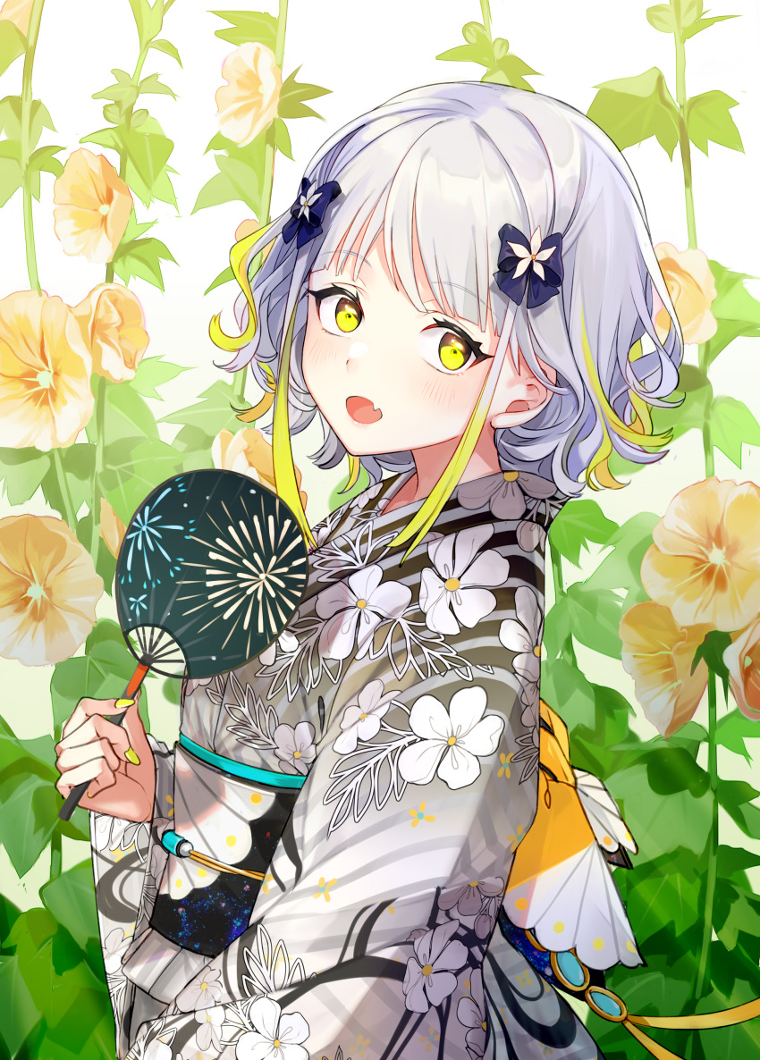 447_records absurdres almic blonde_hair blush female flower hand_fan highres japanese_clothes kimono looking_at_viewer looking_to_the_side multicolored_hair nail_polish oerba_yun_fang open_mouth plant standing virtual_youtuber white_hair yellow_eyes yellow_flower yukata yuzuha_(vtuber)