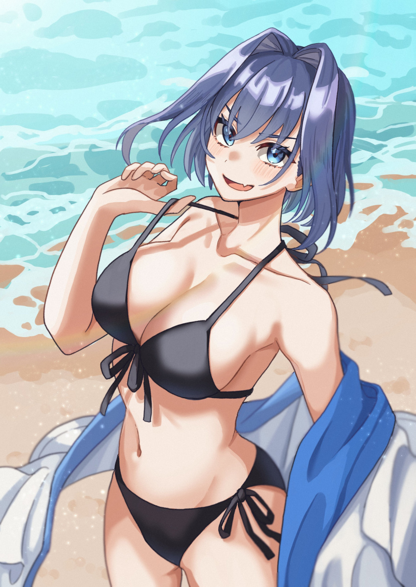 :d absurdres beach bikini bikini_tug black_bikini blue_eyes blue_hair blush breasts cleavage coat commentary english_commentary female front-tie_bikini_top front-tie_top hair_intakes halterneck highres hololive hololive_english large_breasts mizuhasi navel oerba_yun_fang open_clothes open_coat open_mouth ouro_kronii short_hair side-tie_bikini_bottom skin_fang smile solo swimsuit undressing virtual_youtuber