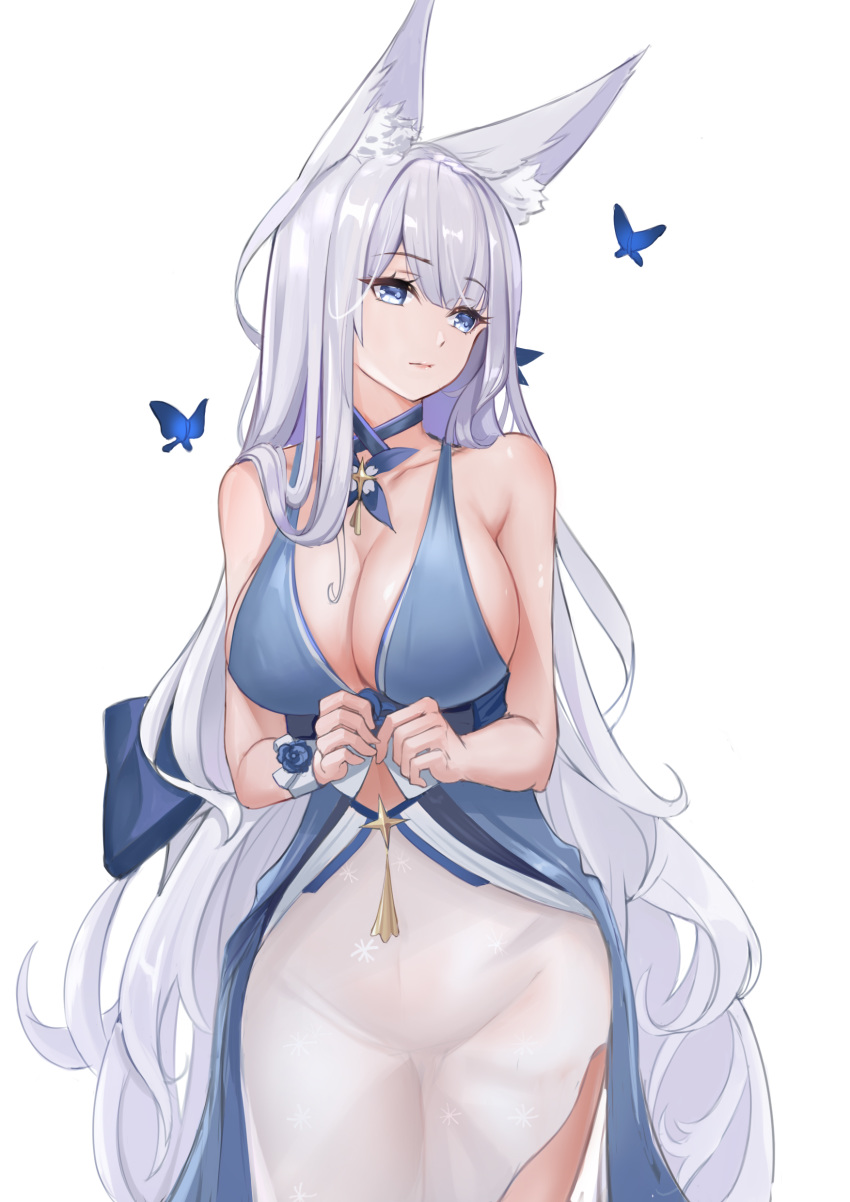 absurdres amco animal_ear_fluff animal_ears azur_lane blue_butterfly blue_choker blue_dress blue_eyes blunt_bangs breasts bug butterfly choker cleavage closed_mouth commentary dress female fox_ears highres large_breasts long_hair looking_to_the_side no_panties official_alternate_costume shinano_(azur_lane) shinano_(dreams_of_the_hazy_moon)_(azur_lane) simple_background sleeveless sleeveless_dress solo very_long_hair white_background white_hair