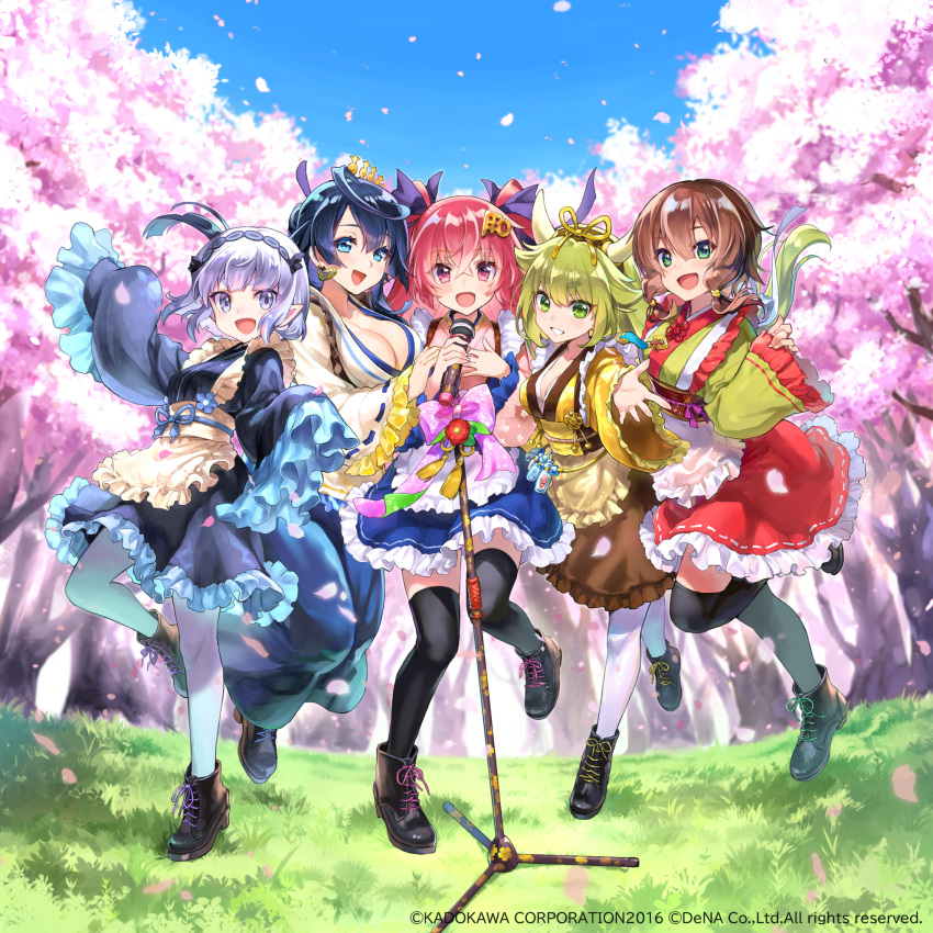 5girls album_cover apron blonde_hair blue_dress blue_eyes blue_hair brown_hair cherry_blossoms cover cow_horns dress earrings falling_petals frilled_apron frilled_dress frills fukube goou_yoshimitsu grass green_dress green_eyes hair_ornament hair_stick hairband hand_up highres holding holding_microphone horns jewelry jouizumi_masamune jumping kogarasumaru_(tenka_hyakken) kuwana_gou_(tenka_hyakken) light_purple_hair low-tied_sidelocks microphone microphone_stand multiple_girls nanaka_(tenka_hyakken) official_art outdoors outstretched_arm petals purple_eyes red_dress red_eyes red_hair shoes sleeves_past_wrists smile standing standing_on_one_leg tenka_hyakken thighhighs two_side_up wide_sleeves yellow_dress yellow_eyes