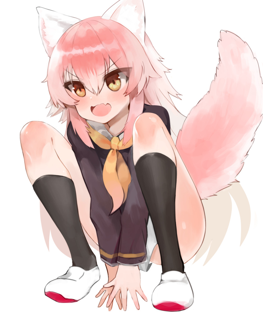 animal_ear_fluff animal_ears bad_id bad_pixiv_id between_legs black_shirt black_socks blush brown_eyes commentary_request dokomon female full_body gradient_hair hair_between_eyes hand_between_legs highres korean_commentary loafers long_sleeves multicolored_hair murenase!_shiiton_gakuen neckerchief oerba_yun_fang okami_ranka open_mouth orange_neckerchief pink_hair school_uniform shiiton_gakuen_school_uniform shirt shoes short_shorts shorts simple_background socks solo squatting tail tail_raised uwabaki v-shaped_eyebrows white_background white_footwear white_hair white_shorts wolf_ears wolf_girl wolf_tail