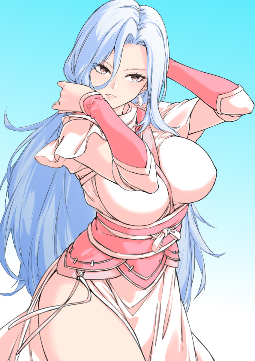 absurdres bare_legs blue_hair breasts dress earrings female fish.boy gradient_background hand_in_own_hair highres jewelry large_breasts long_hair open_mouth phantom_blade_(game) sash solo tang_bing_(phantom_blade) teeth thighs upper_body white_dress