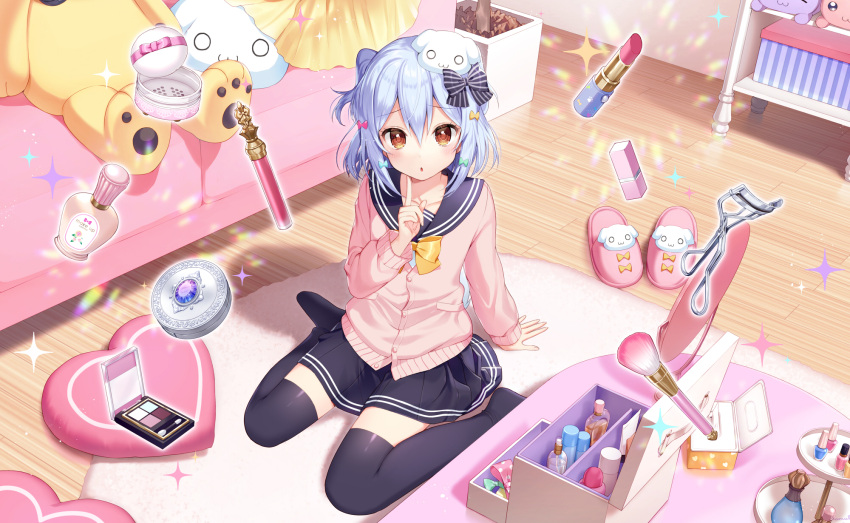 1boy :o bedroom black_thighhighs blue_hair blue_skirt bow bowtie brown_eyes cardigan cosmetics crossdressing dog_hair_ornament finger_to_own_chin full_body hair_between_eyes hair_ornament hairbow highres index_finger_raised indoors inuyama_tamaki inuyama_tamaki_(1st_costume) male_focus miniskirt momoshiki_tsubaki no_shoes noripro official_art otoko_no_ko parted_lips pink_cardigan pleated_skirt sailor_collar school_uniform serafuku short_hair sitting skirt solo thighhighs two_side_up virtual_youtuber wariza yellow_bow yellow_bowtie zettai_ryouiki