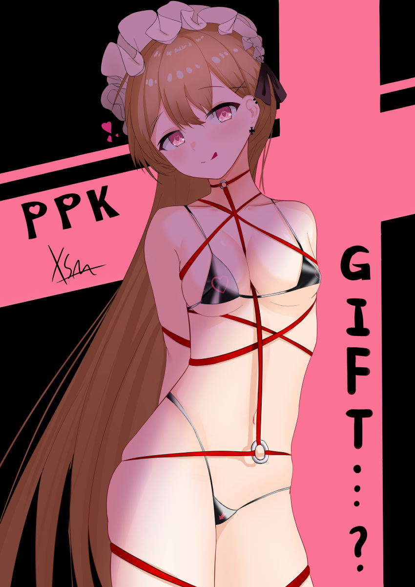 :p absurdres bare_shoulders bikini blush bound breasts brown_eyes collarbone cross cross_earrings earrings female frilled_hairband frills girls'_frontline hairband highres jewelry light_brown_hair long_hair medium_breasts micro_bikini navel ppk_(girls'_frontline) restrained ribbon ribbon_bondage shade skindentation smile solo swimsuit tongue tongue_out very_long_hair xue_shiming