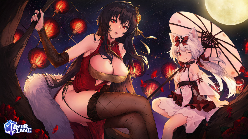 2girls animal_ears arm_warmers azur_lane bare_shoulders black_hair bow breasts brown_thighhighs cat_ears china_dress chinese_clothes cleavage commentary copyright_name crossed_legs detached_sleeves dress feather_boa full_moon garter_straps hair_ornament hairbow highres holding holding_umbrella lantern large_breasts long_hair looking_at_viewer medium_breasts meteor_shower moon multiple_girls nagu night night_sky official_alternate_costume official_art oil-paper_umbrella one_eye_closed paper_lantern parted_lips pelvic_curtain red_bow red_dress red_eyes sitting sky sleeveless sleeveless_dress smile star_(sky) starry_sky taihou_(azur_lane) taihou_(phoenix's_spring_song)_(azur_lane) thighhighs thighs tree umbrella very_long_hair watermark white_dress white_hair yukikaze_(azur_lane) yukikaze_(winter's_snowy_wind)_(azur_lane)