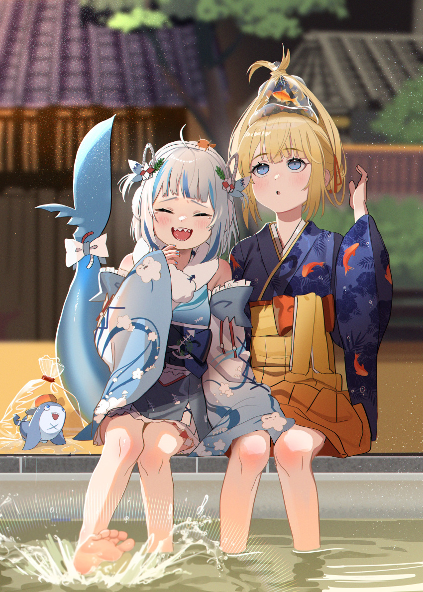 2girls :d absurdres ahoge animal_on_head animal_print bag bagged_fish barefoot blonde_hair bloop_(gawr_gura) blue_hair blue_kimono blue_nails closed_eyes commentary ebi-chan_(gawr_gura) facing_viewer feet fins fish fish_print fish_tail floral_print gawr_gura gawr_gura_(new_year) grey_hair hair_ribbon hakama hakama_skirt highres hololive hololive_english japanese_clothes jiki_(gkdlfnzo1245) kimono long_sleeves looking_at_animal looking_up multicolored_hair multiple_girls nail_polish on_head print_kimono red_ribbon ribbon shark_tail sharp_teeth short_hair shrimp skirt smile soaking_feet soles streaked_hair symbol-only_commentary tail tail_raised teeth two_side_up upper_teeth_only virtual_youtuber watson_amelia watson_amelia_(new_year) yellow_hakama