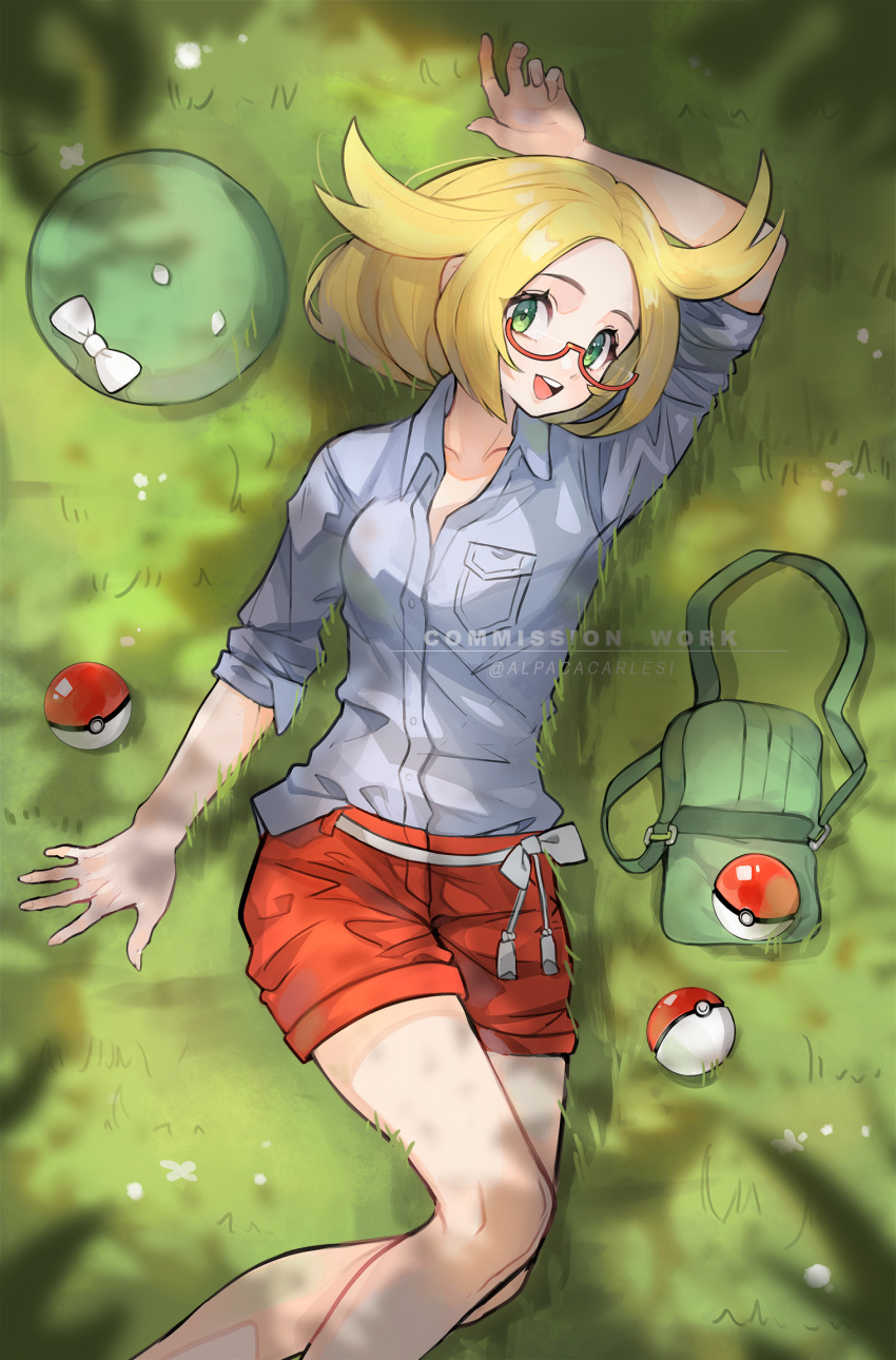 alpaca_carlesi bianca_(pokemon) blonde_hair collared_shirt commission female glasses grass green_eyes hat highres looking_at_viewer lying on_back on_grass open_mouth poke_ball poke_ball_(basic) pokemon pokemon_bw2 red_shorts shirt shorts solo teeth unworn_hat unworn_headwear upper_teeth_only white_shirt