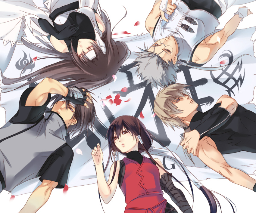 4boys arm_up bandage_over_one_eye bandages bare_shoulders black_hair bridal_gauntlets brother_and_sister brown_eyes circle_formation closed_eyes commentary_request crop_top detached_sleeves elbow_gloves female fingerless_gloves from_above fuuchouin_kazuki getbackers glasses gloves grey_hair hair_between_eyes hair_spread_out hair_tubes hand_on_own_chest hand_on_own_head hand_on_own_shoulder hand_on_own_stomach headband hirai_chika kakei_juubei kakei_sakura lace long_hair looking_at_viewer looking_away lying multiple_boys muscular on_back otoko_no_ko petals ponytail short_hair siblings spiked_hair strap toufuuin_saizou turtleneck upper_body uryuu_toshiki very_long_hair