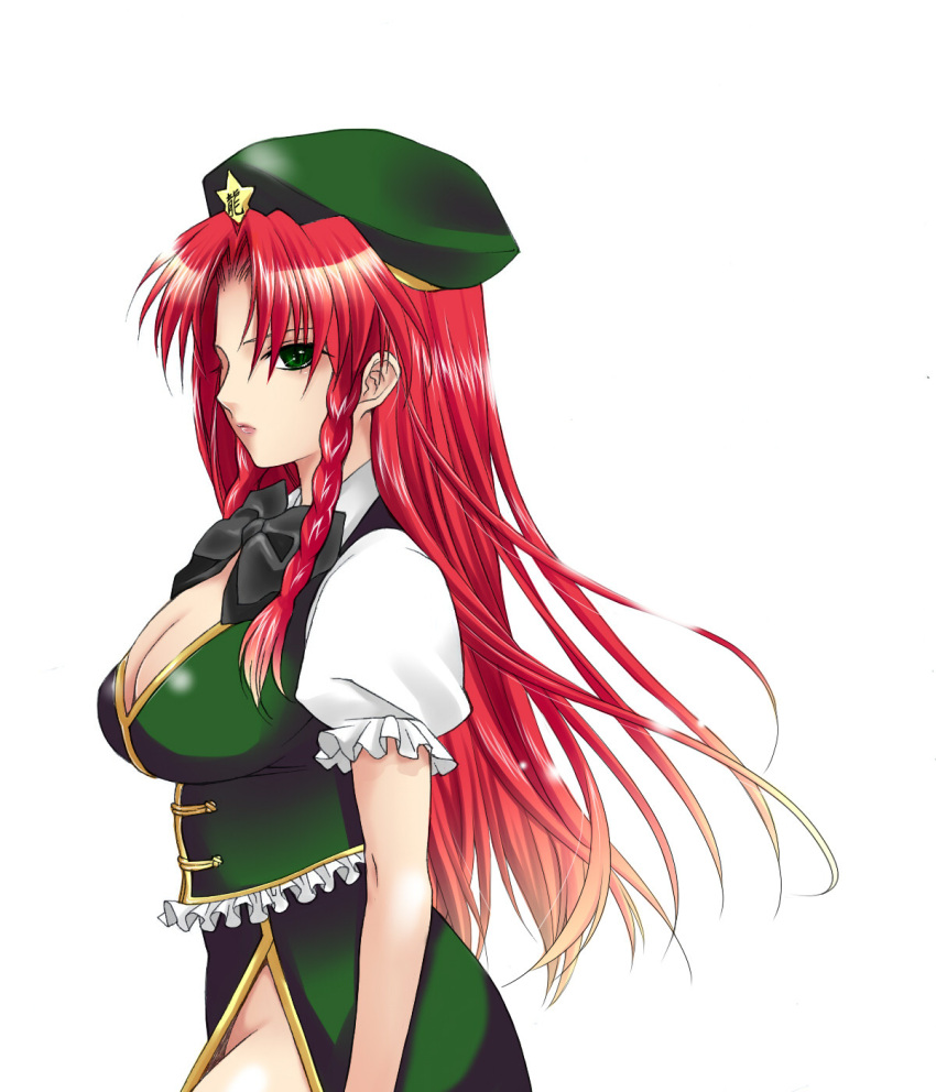 braid china_dress chinese_clothes commentary_request dress female green_eyes hat highres hong_meiling long_hair meteolance red_hair solo touhou twin_braids