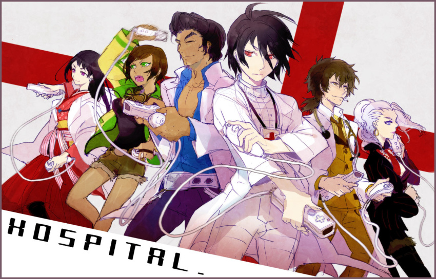 3boys 3girls bad_id bad_pixiv_id black_hair brown_hair chou_shittou_caduceus closed_eyes cr-s01 dark_skin denim denim_shorts earrings gabriel_cunningham game_console goggles green_eyes grey_eyes hank_freebird hospital_rokunin_no_ishi japanese_clothes jewelry koku_666 lab_coat long_hair maria_torres mira_kimishima multiple_boys multiple_girls purple_eyes red_eyes short_hair shorts silver_hair tomoe_tachibana wii yellow_eyes