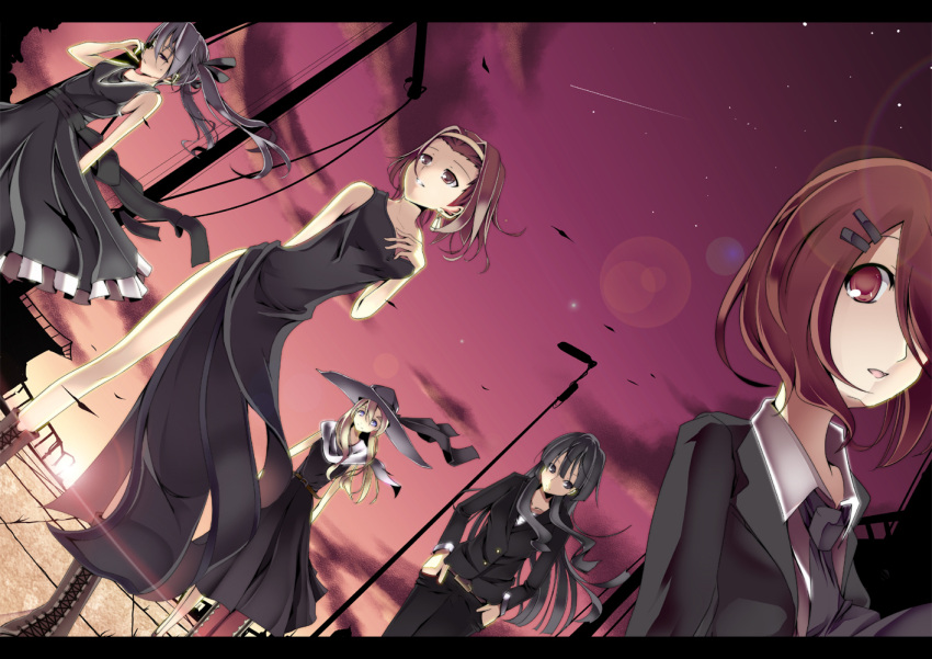 5girls akiyama_mio bare_shoulders black_dress black_eyes black_hair blonde_hair blue_eyes boots brown_eyes brown_hair business_suit cloud commentary_request cross-laced_footwear dress dutch_angle formal gumitaroo hair_ornament hair_ribbon hairband hairclip hat hirasawa_yui k-on! kotobuki_tsumugi lace-up_boots lamppost lens_flare letterboxed long_hair multiple_girls nakano_azusa necktie pant_suit pants photoshop_(medium) ribbon shooting_star short_hair star_(symbol) suit sunrise sunset tainaka_ritsu twintails