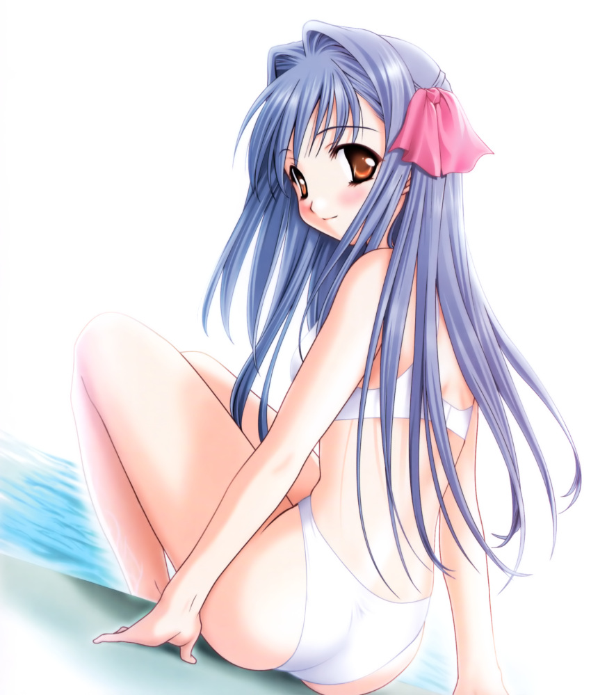 2000s_(style) absurdres bikini blue_hair bow brown_eyes female floralia from_behind highres long_hair looking_at_viewer looking_back masaharu pink_bow pool poolside shirase_ui sitting smile swimsuit water white_bikini