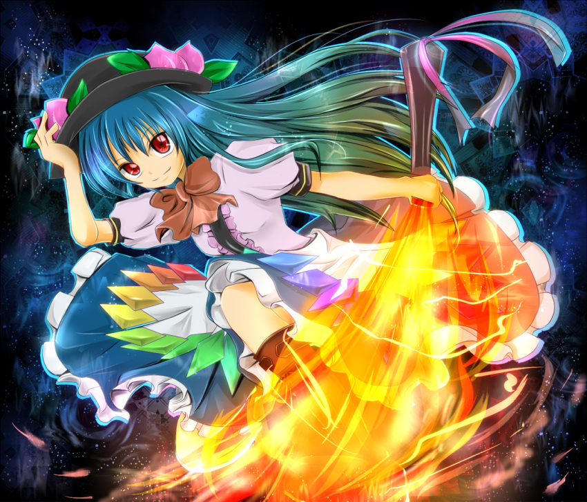 aqua_hair blue_hair boots bow bowtie commentary_request dress dutch_angle female fire food fruit gradient_hair hand_on_headwear hat hinanawi_tenshi long_hair multicolored_hair peach red_eyes rikkunia smile solo sword sword_of_hisou touhou weapon