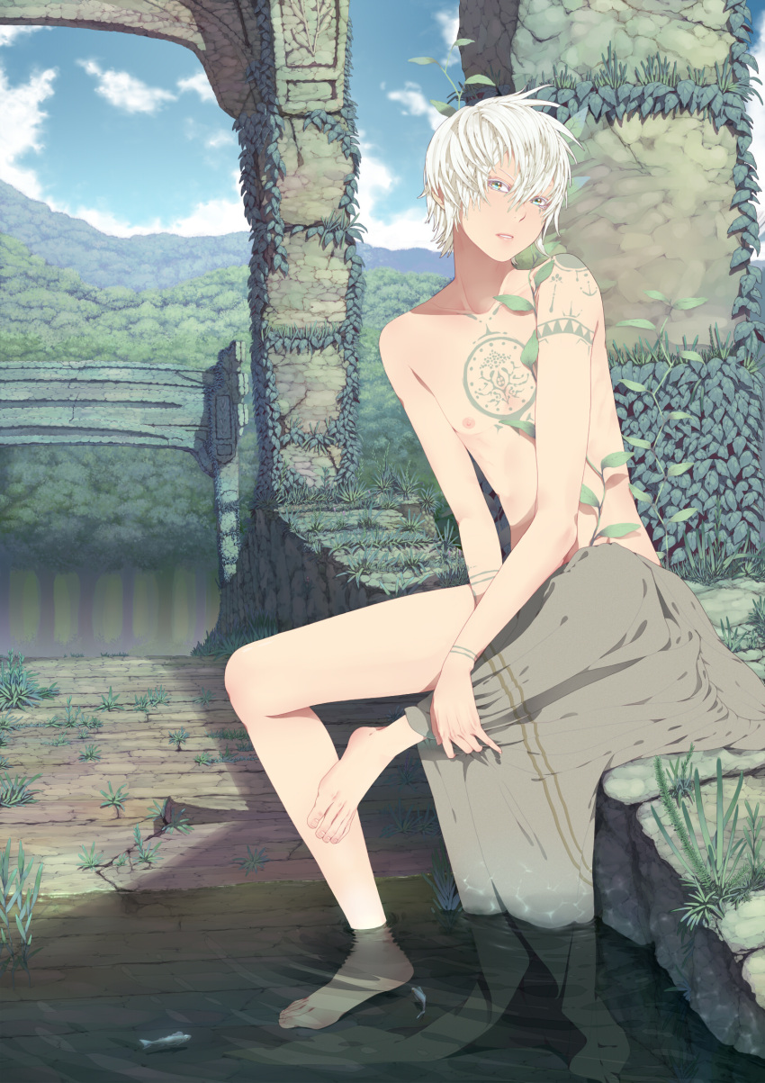 1boy arm_tattoo barefoot blue_eyes blue_sky chest_tattoo cloud commentary day feet fish full_body hair_between_eyes hands head_tilt highres looking_at_viewer male_focus nayu nipples nude original outdoors plant sitting sky soaking_feet solo tattoo vines water white_hair