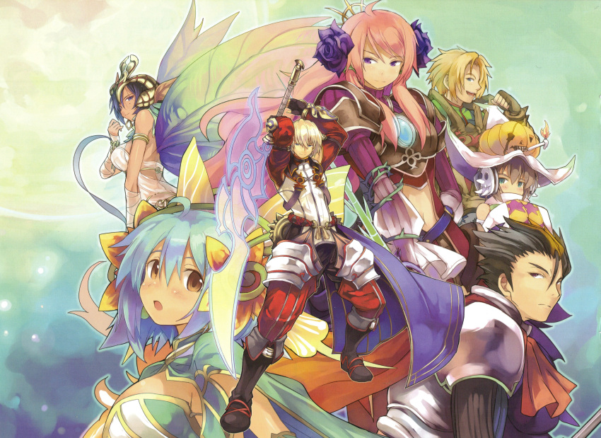 3boys 4girls absurdres armor ashley_(luminous_arc) blue_hair boots candle crown eruru_(luminous_arc) flower gem glen haine_(luminous_arc) hair_ornament highres luminous_arc luminous_arc_3 multiple_boys multiple_girls official_art oru pink_hair pumpkin refi rose sara_(luminous_arc) shibano_kaito smile thighhighs weapon