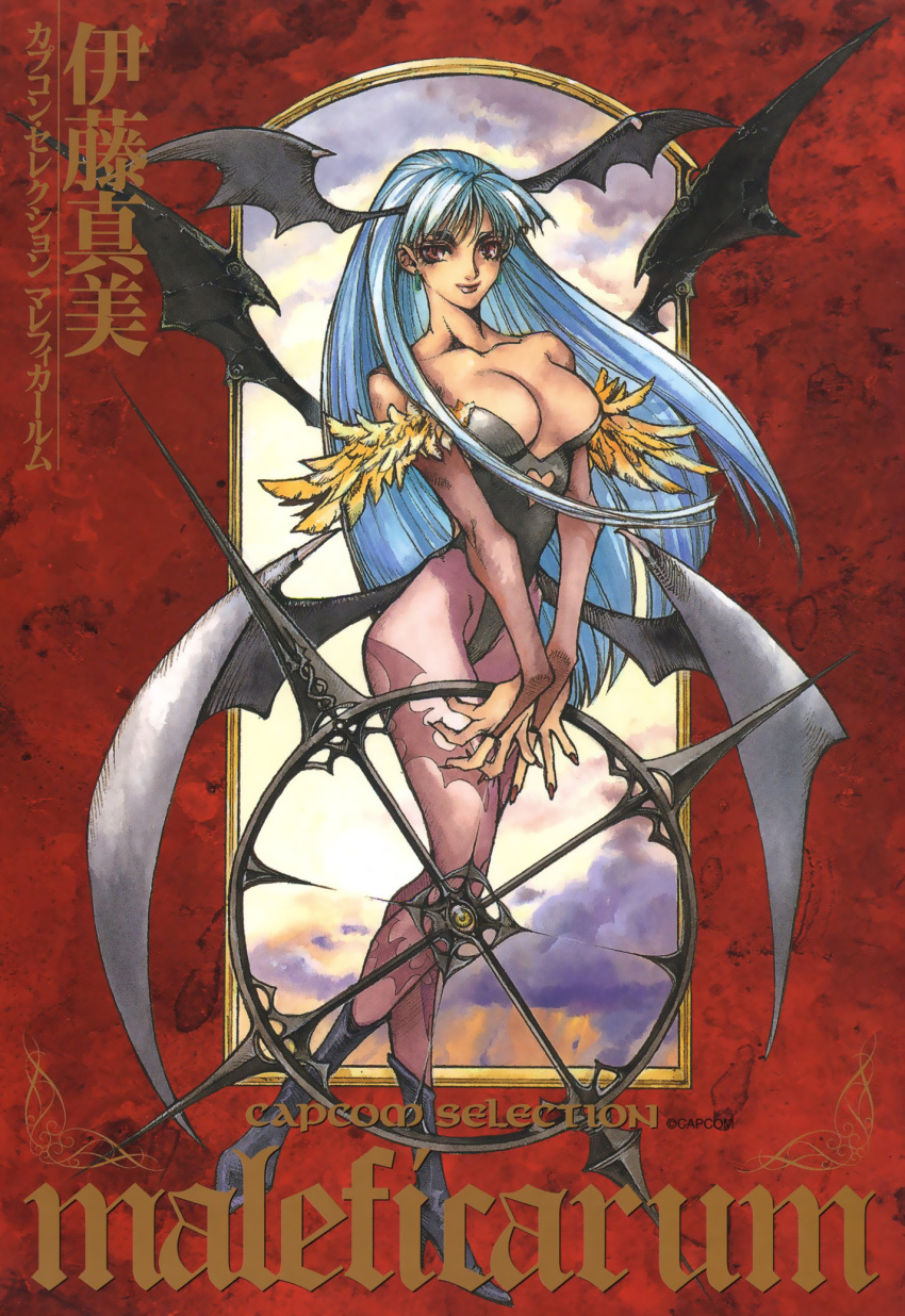 animal_print bat_print bat_wings breasts cover demon_girl earrings female fingernails full_body green_hair head_wings highres itou_mami jewelry large_breasts long_hair morrigan_aensland non-web_source official_art pantyhose photoshop_(medium) print_pantyhose red_eyes solo traditional_media translation_request vampire_(game) wings