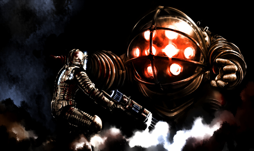 1boy 1other armor assault_visor battle big_daddy_(bioshock) bioshock_(series) bioshock_1 blood blood_stain blue_visor commentary_request crossover dead_space diving_suit drill drill_hand full_armor glowing glowing_eyes gun highres holding holding_weapon isaac_clarke looking_at_another red_eyes rui_tamachi science_fiction smoke standing weapon