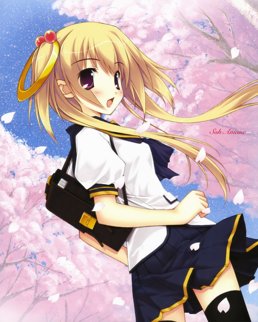 absurdres amane_sou bag blonde_hair blush cherry_blossoms elle_prier female highres kadoma_konomi long_hair looking_back original photoshop_(medium) purple_eyes school_uniform smile solo thighhighs