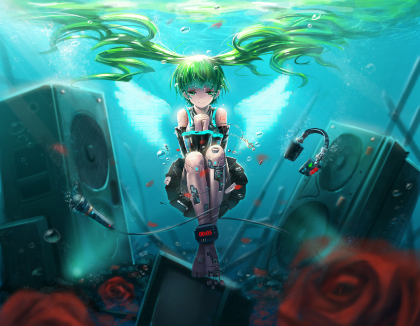 air_bubble android angel_wings aqua_eyes aqua_hair bare_shoulders barefoot black_sleeves blurry blurry_foreground bubble cable closed_mouth commentary countdown countdown_timer crossed_ankles detached_sleeves female floating_hair flower green_eyes green_hair hatsune_miku hatsune_miku_no_shoushitsu_(vocaloid) headphones headphones_removed legs_together light_rays long_hair long_sleeves looking_at_viewer mechanical_legs mechanical_parts microphone number_tattoo own_hands_together petals photoshop_(medium) red_flower red_rose rose rose_petals saber_01 skirt smile solo speaker straight-on submerged tattoo twintails underwater very_long_hair vocaloid wings