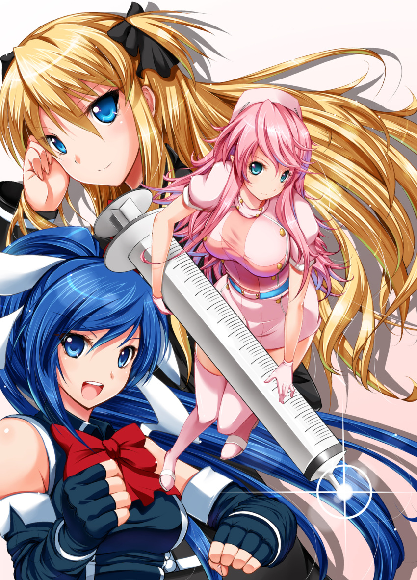 3girls blonde_hair blue_eyes blue_hair commentary_request detached_sleeves fingerless_gloves gloves hair_ribbon hat highres large_syringe long_hair media_(quiz_magic_academy) multiple_girls nurse nurse_cap oversized_object photoshop_(medium) pink_hair pink_thighhighs pointy_ears quiz_magic_academy ribbon shalon syringe thighhighs very_long_hair yuki_mizore yuri_(quiz_magic_academy)