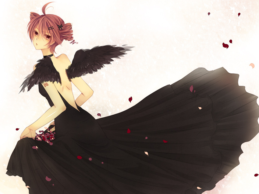 ahoge black_dress black_wings commentary_request dress drill_hair female flower hair_ornament hairclip jikei kasane_teto looking_back petals red_eyes red_hair solo twin_drills twintails utau wings